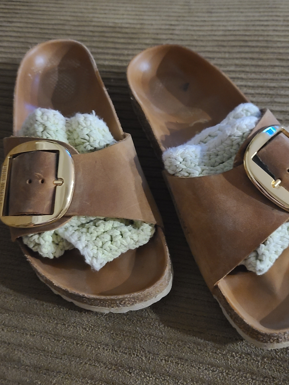 Birkenstock Brown Leather Slide Sandals with Gold Logo
